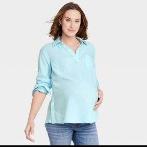Long Sleeve Collared Side Woven Popover Maternity Shirt - Isabel Maternity, XS
